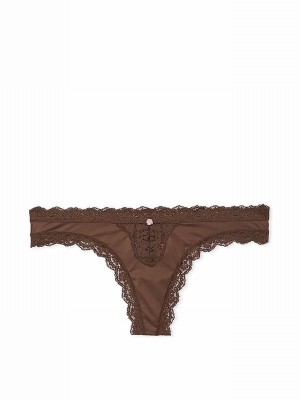 Beige Victoria Secret Ganache Nude Lace Trim Thong Underwear | UJZQE6832