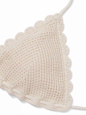 Beige Victoria Secret Linen Nude Triangle Crochet Bikini Top | KNIVE7946
