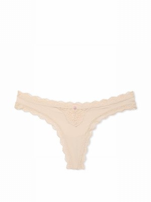 Beige Victoria Secret Marzipan Nude Lace Trim Thong Underwear | UIEXH4276