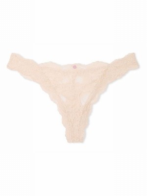 Beige Victoria Secret Marzipan Nude Lace Thong Underwear | QMUKC1635