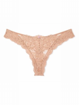 Beige Victoria Secret Praline Nude Lace Thong Underwear | KMIGV8459