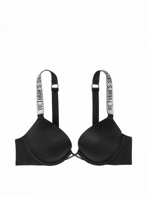 Black Victoria Secret Bombshell Add 2 Cups Push Up Shine Strap Bras | PEXIM3507