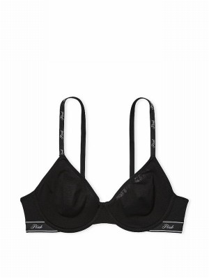 Black Victoria Secret Cotton Logo Unlined Scoop Bras | MVATX7419