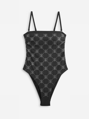 Black Victoria Secret Diamanté Monogram Tummy Control Bandeausuit Swimsuits | UZPTQ5829