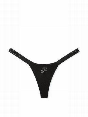 Black Victoria Secret Diamante Cotton Logo Mini Scoop Thong Underwear | PRGAH2896
