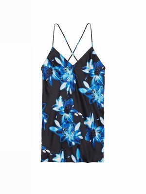 Black Victoria Secret Dramatic Floral Satin Open Back Slip Lingerie | CRDSB6381