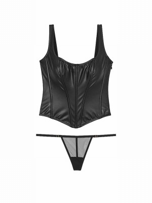 Black Victoria Secret Faux Leather Corset and Knicker Set Lingerie | FQJRO7140