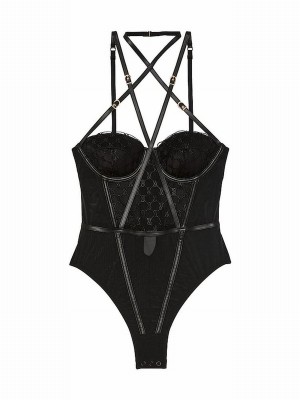 Black Victoria Secret Faux Leather Monogram Bodysuit Lingerie | ZGCML4386