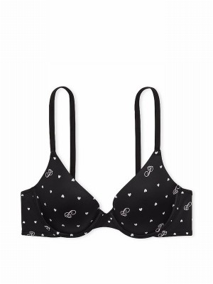 Black Victoria Secret Heart Script Print Push Up Bras | JCRHS3605