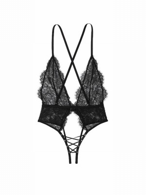 Black Victoria Secret Lace Crotchless Bodysuit Lingerie | OHNMG9271