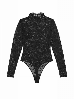 Black Victoria Secret Lace Long Sleeve Bodysuit Lingerie | DOYHT3804
