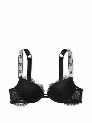 Black Victoria Secret Lace Monogram Push Up Shine Strap Push Up Bras | VJAUC3586