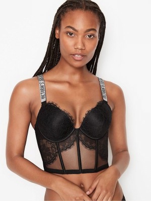 Black Victoria Secret Lace Shine Strap Plunge Push Up Corset Top Bras | GAONR1304