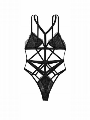 Black Victoria Secret Lace Strappy Bodysuit Lingerie | KGOHW8154