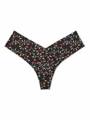 Black Victoria Secret Lights Print High Leg Thong Underwear | VULKR0197