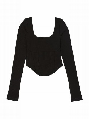 Black Victoria Secret Long Sleeve Cotton Corset Top Tops | CGIPO4952