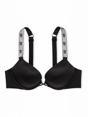 Black Victoria Secret Monogram Bombshell Add 2 Cups Push Up Shine Strap Bras | RVGSI5089
