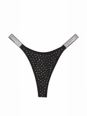 Black Victoria Secret Nero Thong Shine Strap Bikini Bottom | AZMEB4301