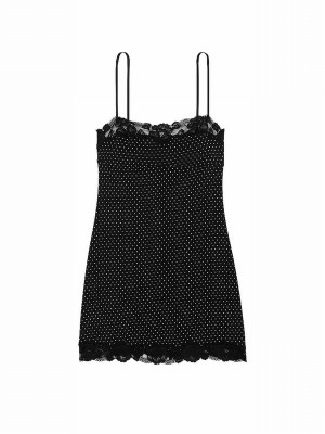 Black Victoria Secret Pin Dot Modal Straight Neck Slip Lingerie | THROJ1253