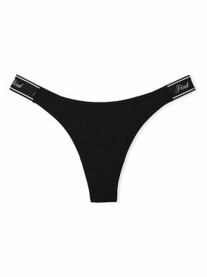 Black Victoria Secret Pure Cotton Logo Scoop Thong Underwear | THNCE2840
