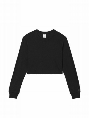 Black Victoria Secret Pure Cotton Slub Cropped Boxy Long Sleeve T Shirts | JBUZW6729
