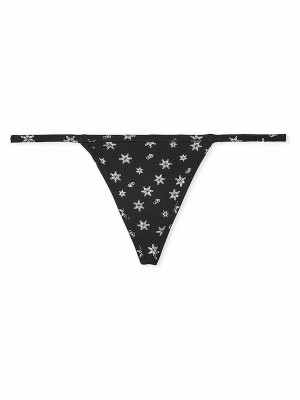 Black Victoria Secret Pure Foil Snowflake Print Cotton G String Underwear | YOAUE7065