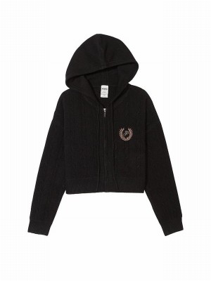 Black Victoria Secret Pure Full Zip Cable Knit Hoodie | PSUQZ7492