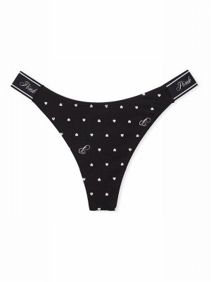 Black Victoria Secret Pure Heart Print Thong Cotton Logo Underwear | BTVFI2718