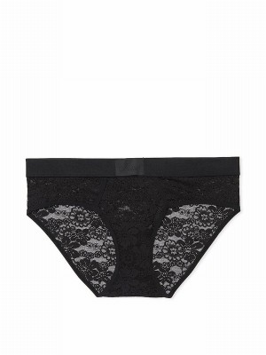 Black Victoria Secret Pure Lace Hipster Logo Underwear | YVKFR9172