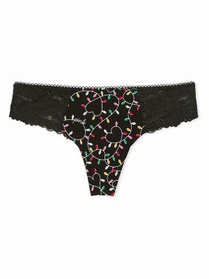 Black Victoria Secret Pure Lace Trim Lights Print Thong No Show Underwear | RHUGE1085