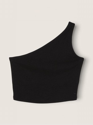 Black Victoria Secret Pure Shrunken One Shoulder Shelf Tank Tops | LYNTX2916