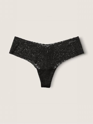 Black Victoria Secret Pure Thong Lace No Show Underwear | AOSXT5086