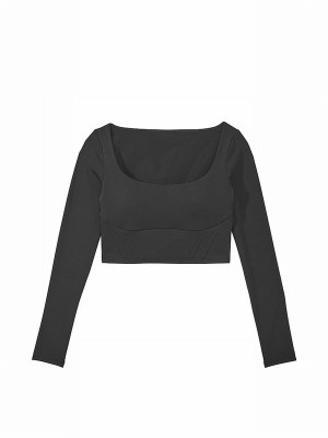Black Victoria Secret Pure VS Elevate Cropped Long Sleeve Corset Top Tops | QVXAF0624