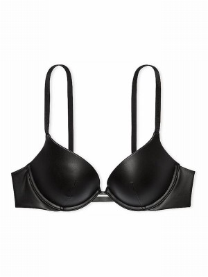 Black Victoria Secret Push Up Faux Leather Push Up Bras | KUFHA3508