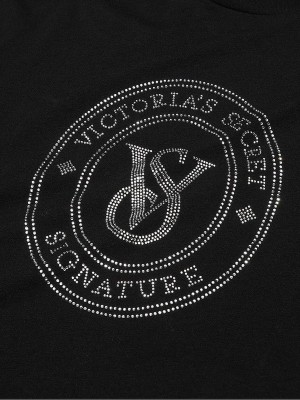 Black Victoria Secret Rhinestone Graphic London Cotton Long Nightwear | JIMRN7521