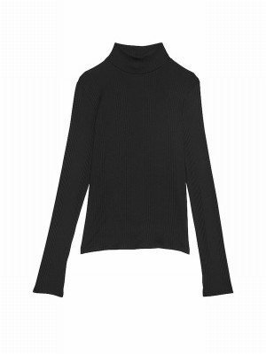 Black Victoria Secret Ribbed Mock Neck Long Sleeve T Shirts | NPAQW1735