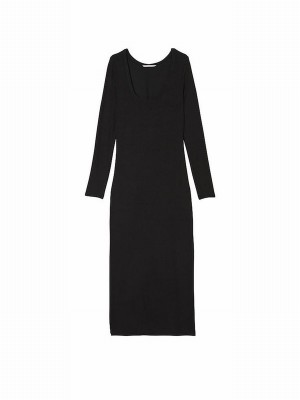 Black Victoria Secret Ribbed Modal Long Slip Dress | KWGDV1426
