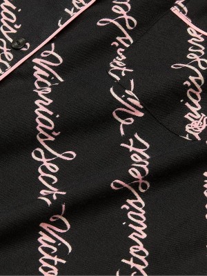 Black Victoria Secret Ribbon Script Flannel Long Nightwear | GBXNR3127