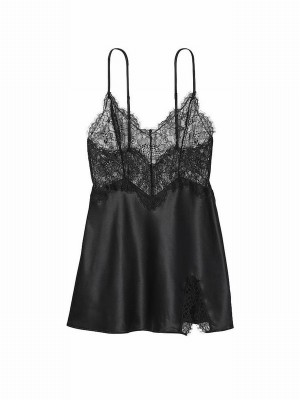 Black Victoria Secret Satin Lace Slip Lingerie | VRUDW5649