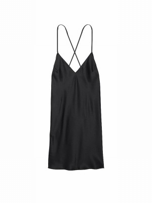 Black Victoria Secret Satin Open Back Slip Lingerie | RYMGD3810