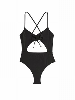 Black Victoria Secret Shine Ruched Shine Cut Out One Piecesuit Swimsuits | IOJUH1467