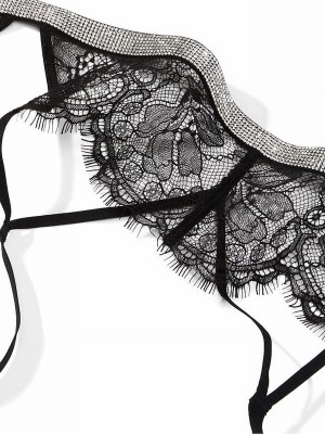 Black Victoria Secret Shine Strap Lace Suspenders Lingerie | BTXDU6724