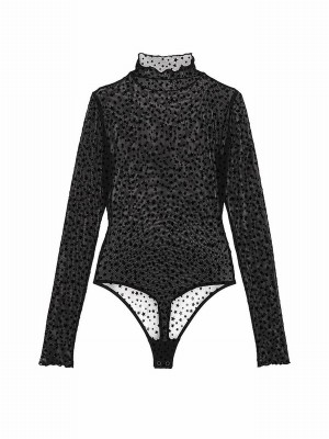 Black Victoria Secret Star Chaser Lace Mock Neck Bodysuit Tops | PIERD3290