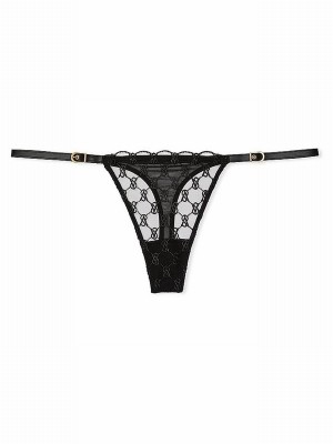 Black Victoria Secret Thong Faux Leather Monogram Underwear | RDXWS7163