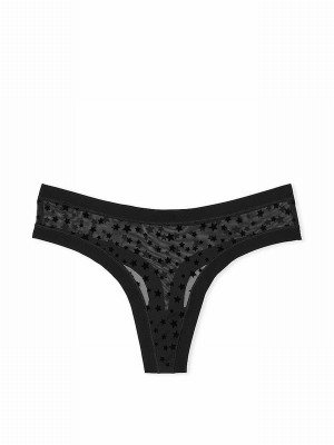 Black Victoria Secret Thong No Show Star Mesh Underwear | FZREH8491