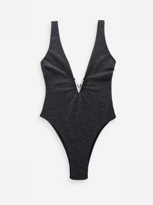 Black Victoria Secret Tummy Control Plunge Shimmersuit Swimsuits | TKPNO5286
