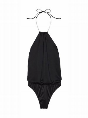 Black Victoria Secret Twinkle Shine Strap Satin Bodysuit Lingerie | QBNPS1298