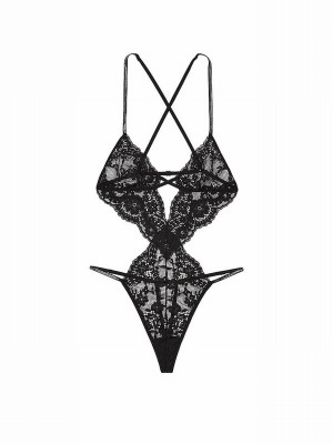 Black Victoria Secret Twinkle Shine Strap Lace Crotchless Bodysuit Lingerie | GFPWV8724