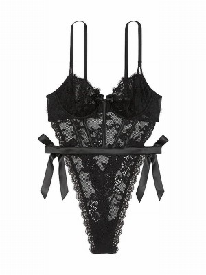 Black Victoria Secret Unlined Balcony Lace Bodysuit Lingerie | QZALS5917