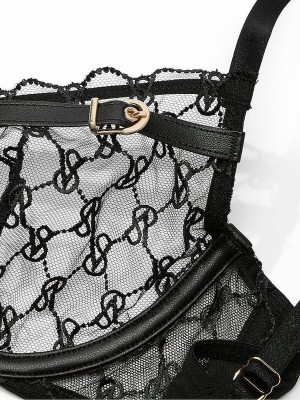 Black Victoria Secret Unlined Demi Faux Leather Monogram Bras | BCLPX5146